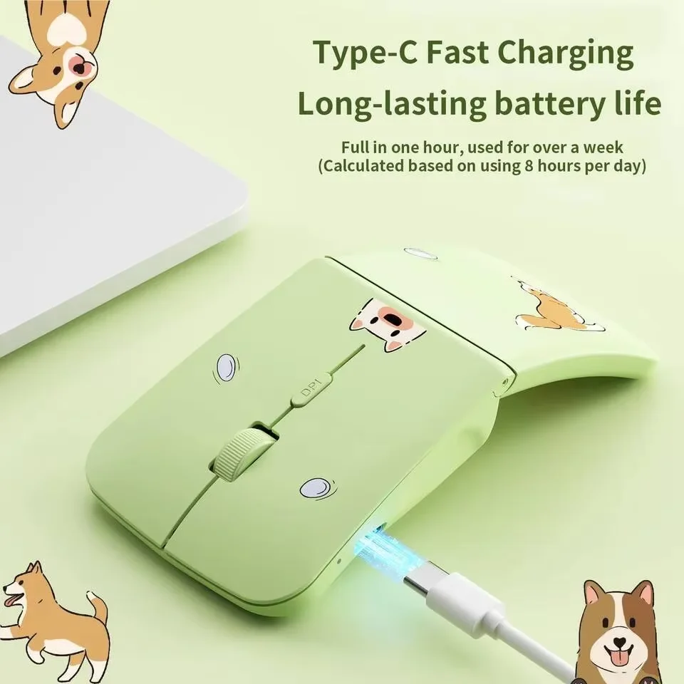 Ratón inalámbrico con dibujos de cachorros, silencioso, tipo C, carga rápida, plegable, Bluetooth, ergonómico, óptico, DPI, para ordenadores portátiles y tabletas