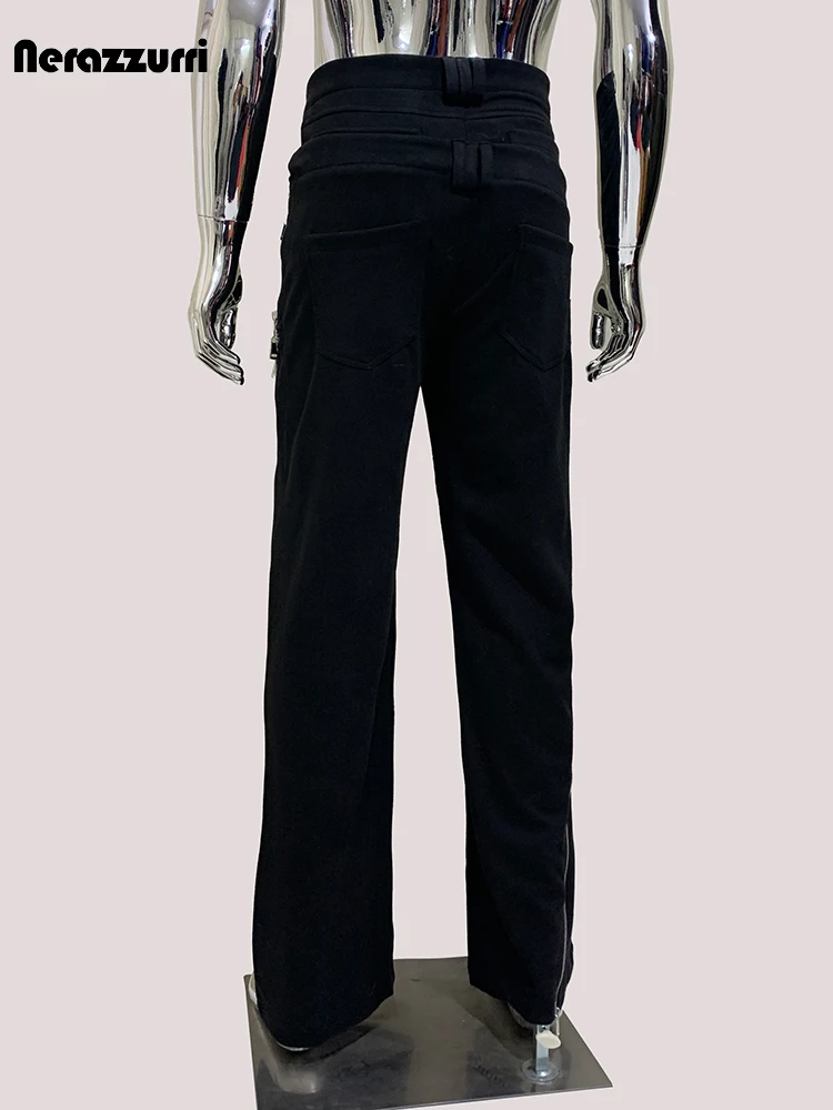 Mauroicardi Autumn Flowy Soft Matte Black Faux Suede Leather Pants for Men with Many Zippers Runway Fashion European Emo Clothes