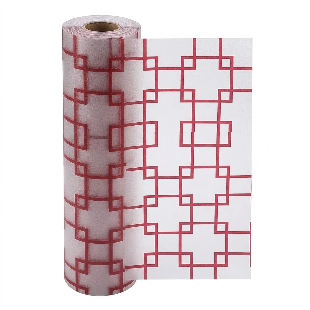 Reddish-Brown Frosted PVC Window Film Self-Adhesive Chinese Lattice Privacy Protection Maze Grid Design Removable No Residue