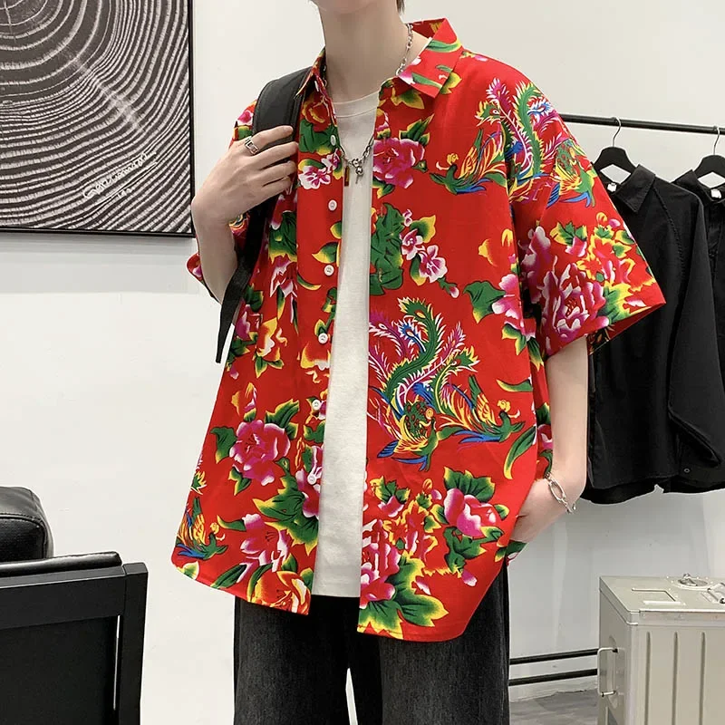 

Japanese Men's Street Vintage Hawaiian Flower Shirt Men's Casual Short Sleeve Tops China Northeast Flower Coat Clothing