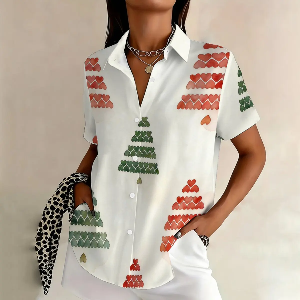 

Simple and personalized Christmas tree print summer women's plus size lapel short sleeved shirt fashionable daily versatile top