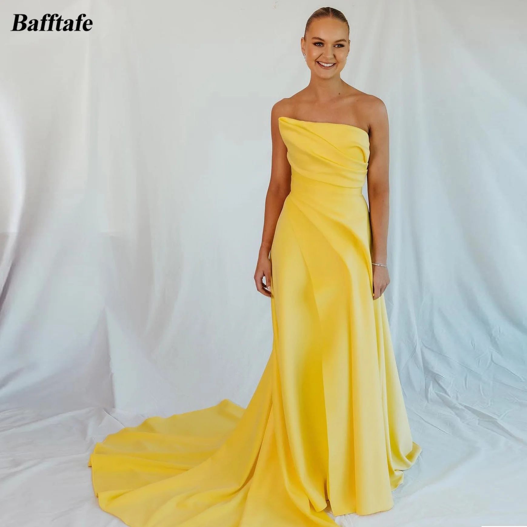 

Bafftafe Yellow Silk Satin Long Prom Dresses Customized Women Formal Wedding Party Dress Pleated Special Occasion Evening Gowns