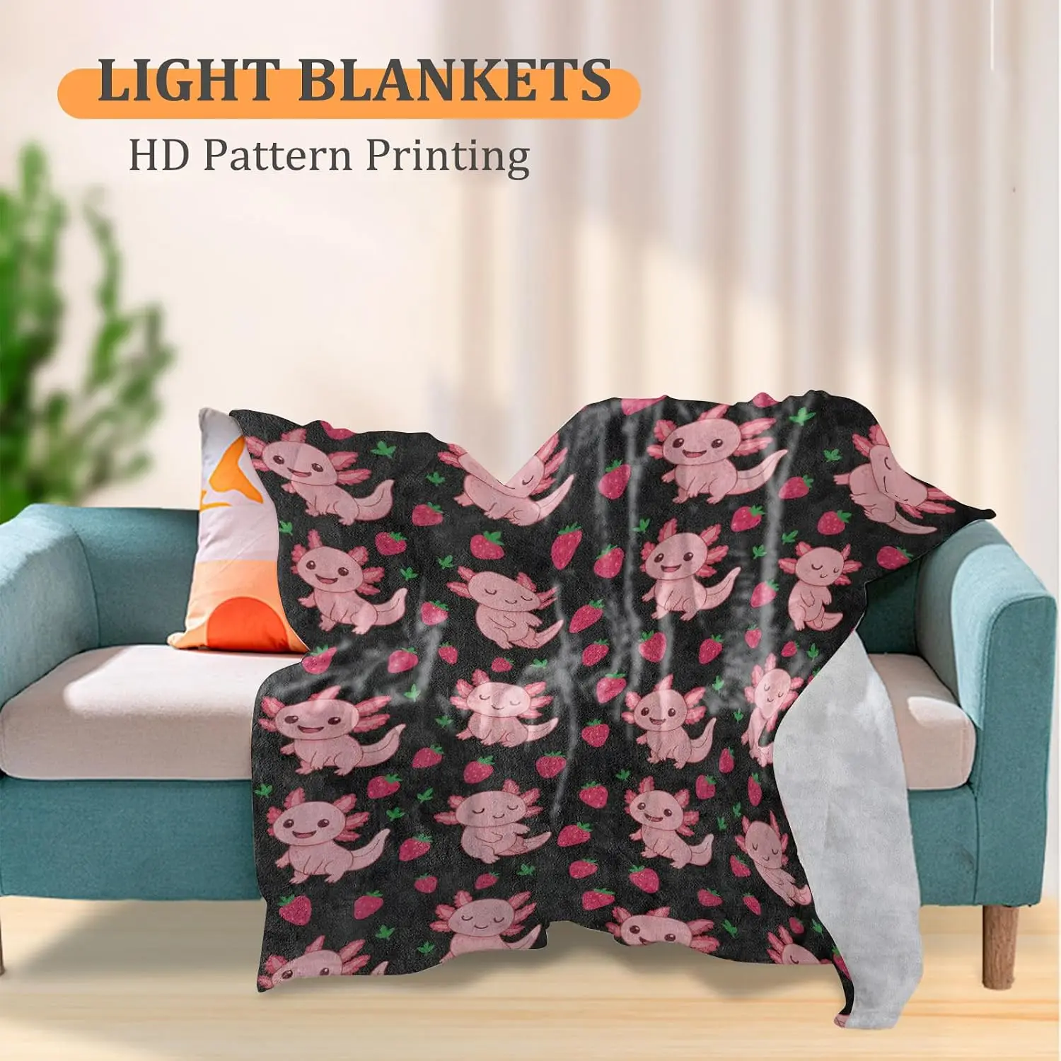 Sweet Axolotl Strawberry Throw Blanket, Lovely Pink Salamander Fruit Warm Blanket for Couch Trip Teen Household Cute Room Decor