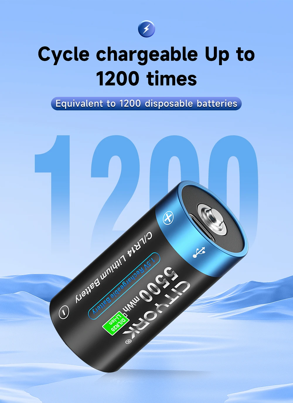 CITYORK 1,5 V R14 LR14 Akku C-Batterien Li-Ion Typ-C USB-Aufladung für Taschenlampe Gaskocher 100 % Original – Detail 5