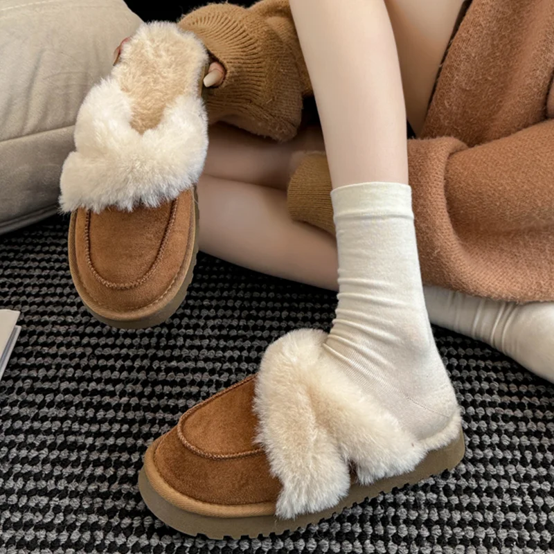 الفراء الشقق نعال من القطن أحذية خفيفة أنيقة الجلد المدبوغ الشتاء الثلوج الأحذية 2025 العلامة التجارية الجديدة الراحة فستان Slingback المنزل Mujer بوتاس