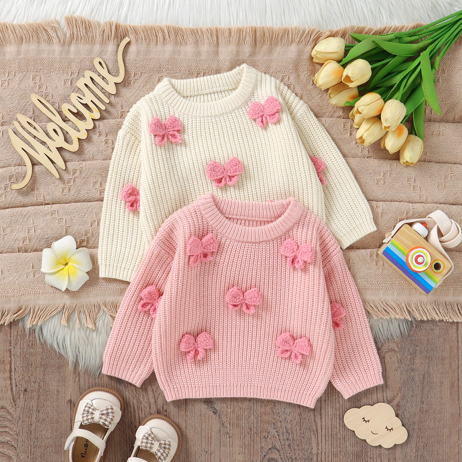 Fashion Bowknot Knitted Baby Girls Sweaters Long Sleeves Outwear Newborn Infant Knitwear Jumpers 1-3Y Toddler Pullovers Clothing