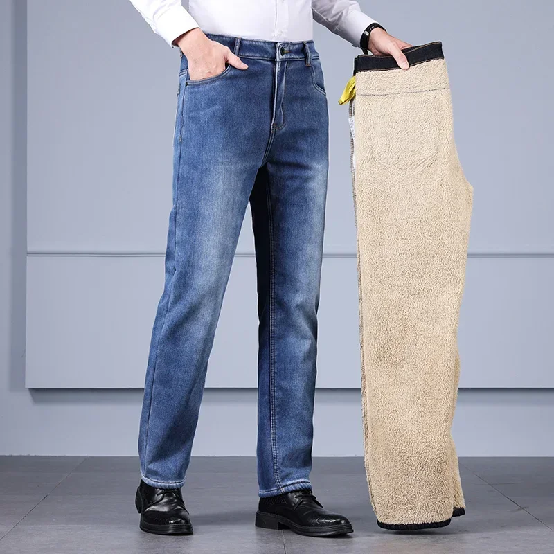 New Winter Men Sherpa Jeans Warm Fleece Soft Velvet Thickened Denim Pants Business Stretch Straight Plush Trousers Male