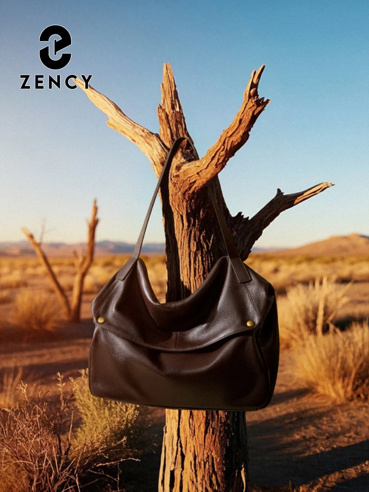 

Zency Black Coffee Large Shoulder Bag Genuine Leather Women's Work Tote Bag For A4 ipad Crossbody High Sense Handbags