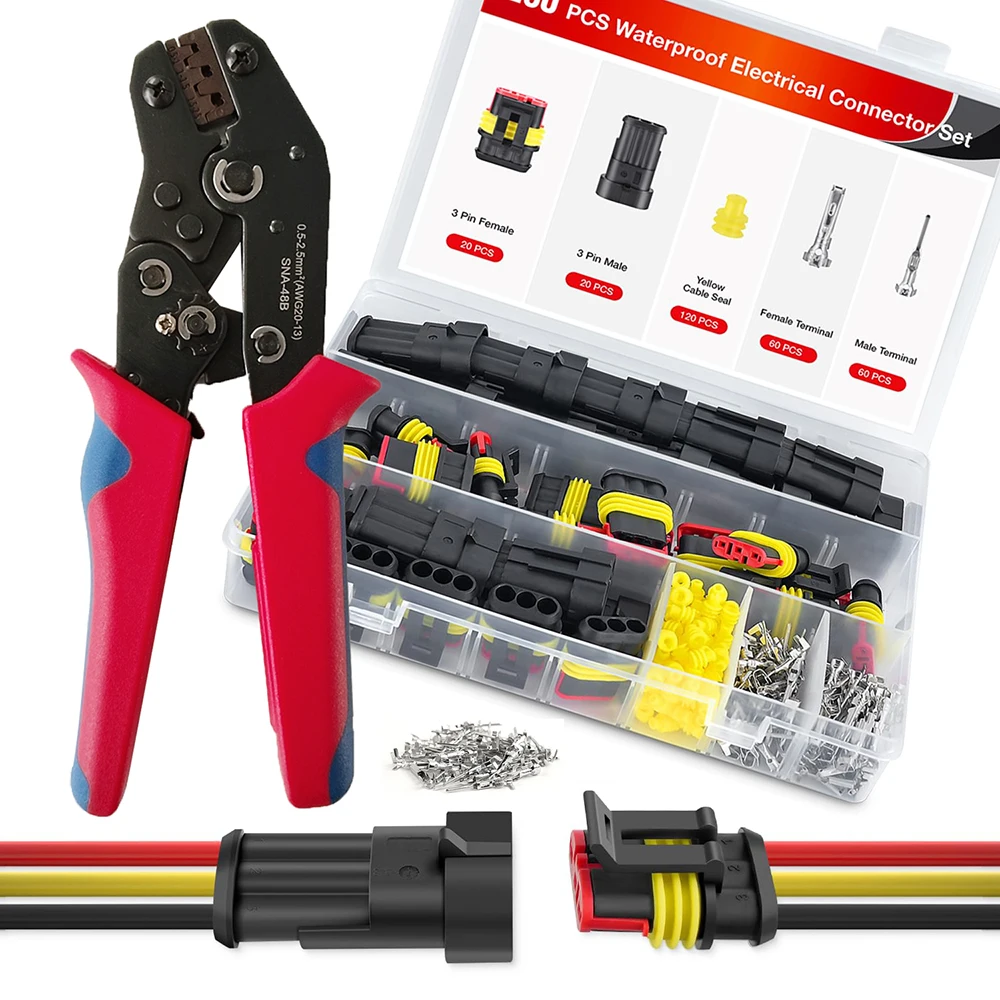 

280PCS WaterProof Wire Connectors 3Pin Automotive Electrical Connectors-Ratcheting Wire Crimper-Waterproof Connectors for Wiring