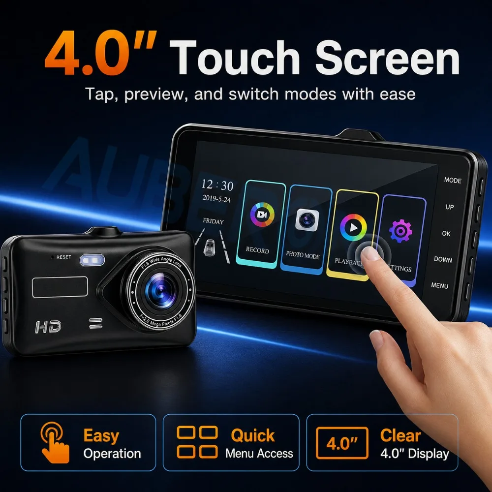 Dual Lens Dash Cam 1080P HD for Car 4 Inch Touch Screen Car DVR Video Recorder Front and Rear View Camera Vehicle Loop Recording