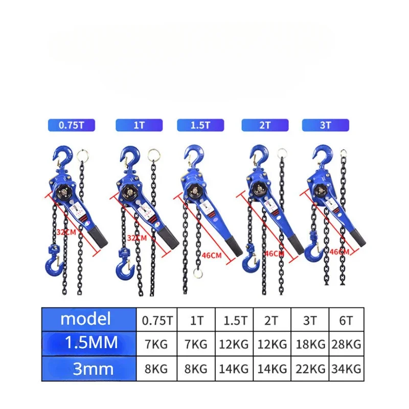 0.75-1TM Pulling Wrench Hoist Manual Lifting Chain Hoist Hand Chain Hook Portable Lever Block inverted Chain Hoist Tightener