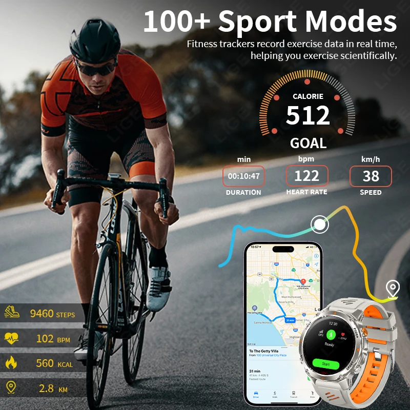 LIGE 러기드 GPS 트랙 스마트워치 남성용 LED 플래시라이트 나침반 3ATM 방수 블루투스 통화 스포츠 사이클링 남성 스마트워치