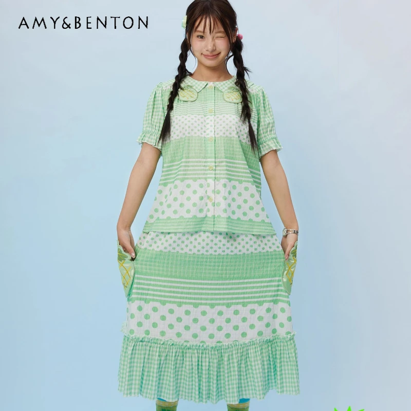 

Original Green Plaid Polka Dot Splicing Doll Collar Women's Shirt 2025 New Loose Slimming Versatile Mid-Length Skirt Set Ladies