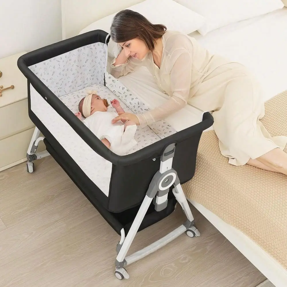 Bassinet, Bedside Bassinet For Baby, 4 In 1 Bassinet Bedside Sleeper With Locked Wheels, Mosquito Net, Adjustable Easy Folding