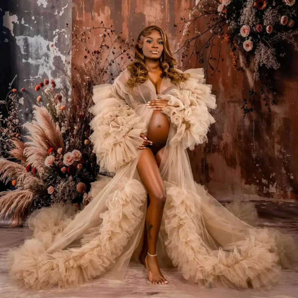 Boho Tulle Maternity Robes for PhotoShoot Ruffles Pregnant Women Dresses Front Split Bride Sleepwear Photography Gown Customized