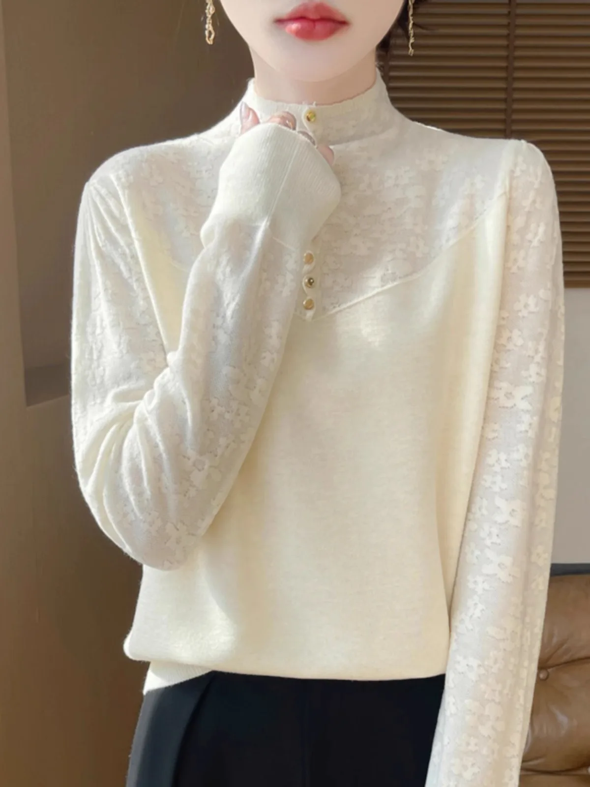

Autumn Winter Thiened f High Collar Lace Knit Sweater Women's Slimming Knitted Top Versatile Faionable Commute Sle
