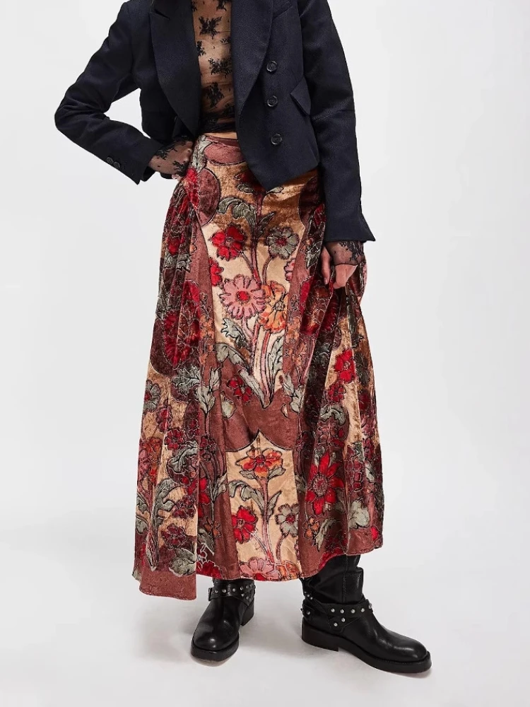 

Ethnic Vintage Flower Print A-Line Skirt Woman Spring Elegant High Waist Long Skirt New Autumn Casual Streetwear Velvet Skirt