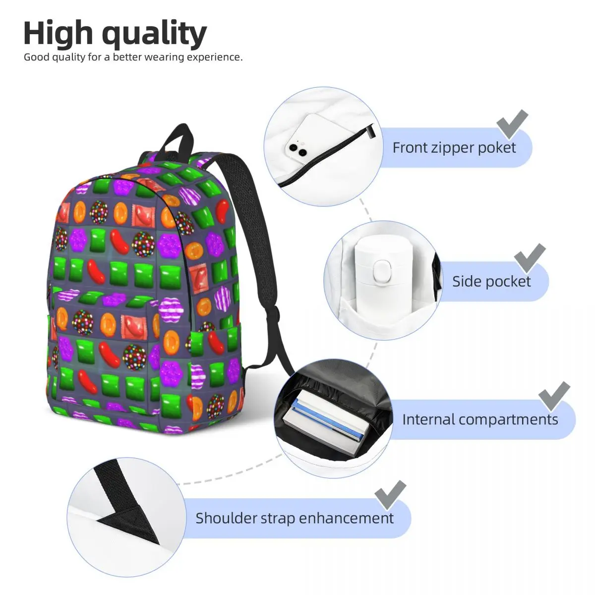 Candy Combo Candy Crush mochila para estudiantes de secundaria primaria, mochila ligera para hombres y mujeres