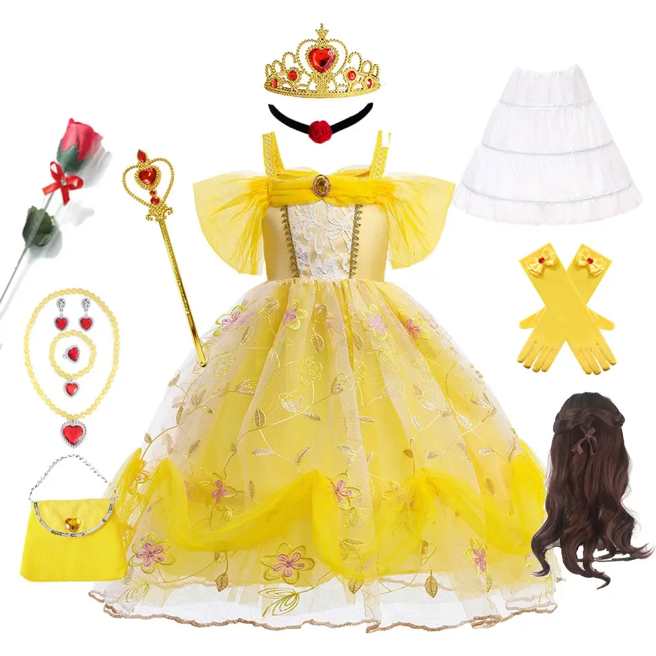 Girl Belle Dress Up Sleeveless Floral Children Party Princess Costume Kids Beauty and The Beast Halloween Carnival Outfit Clothe