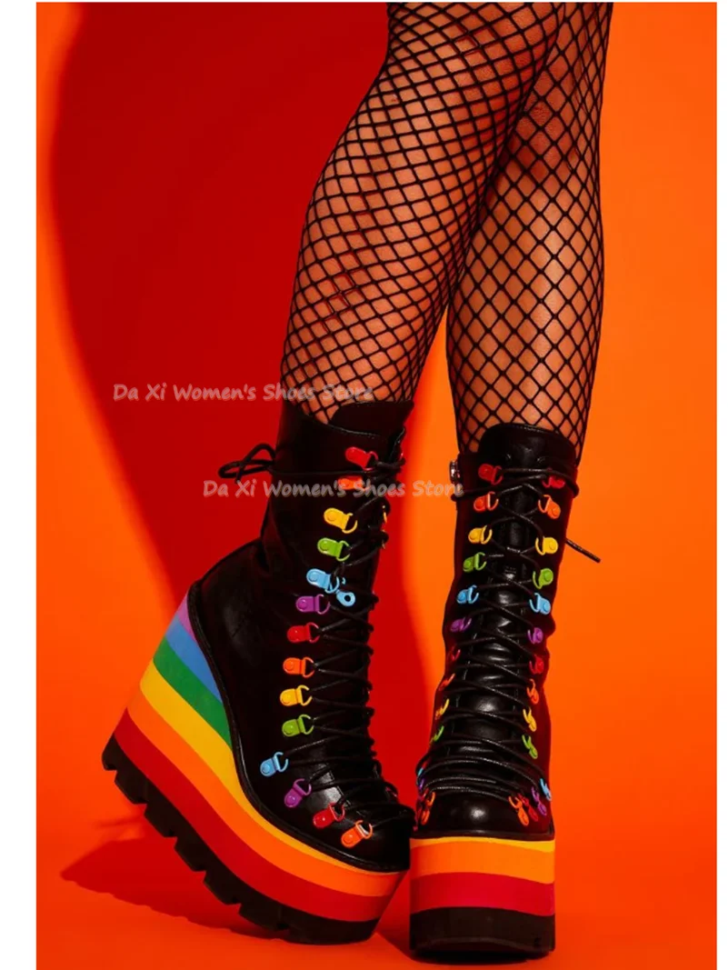 Rainbow Thick Sole Wedge Heel Ankle Boots Side Zipper Punk Music Festival Knee-High Boots Cosplay Modeling Women's Boots 2026