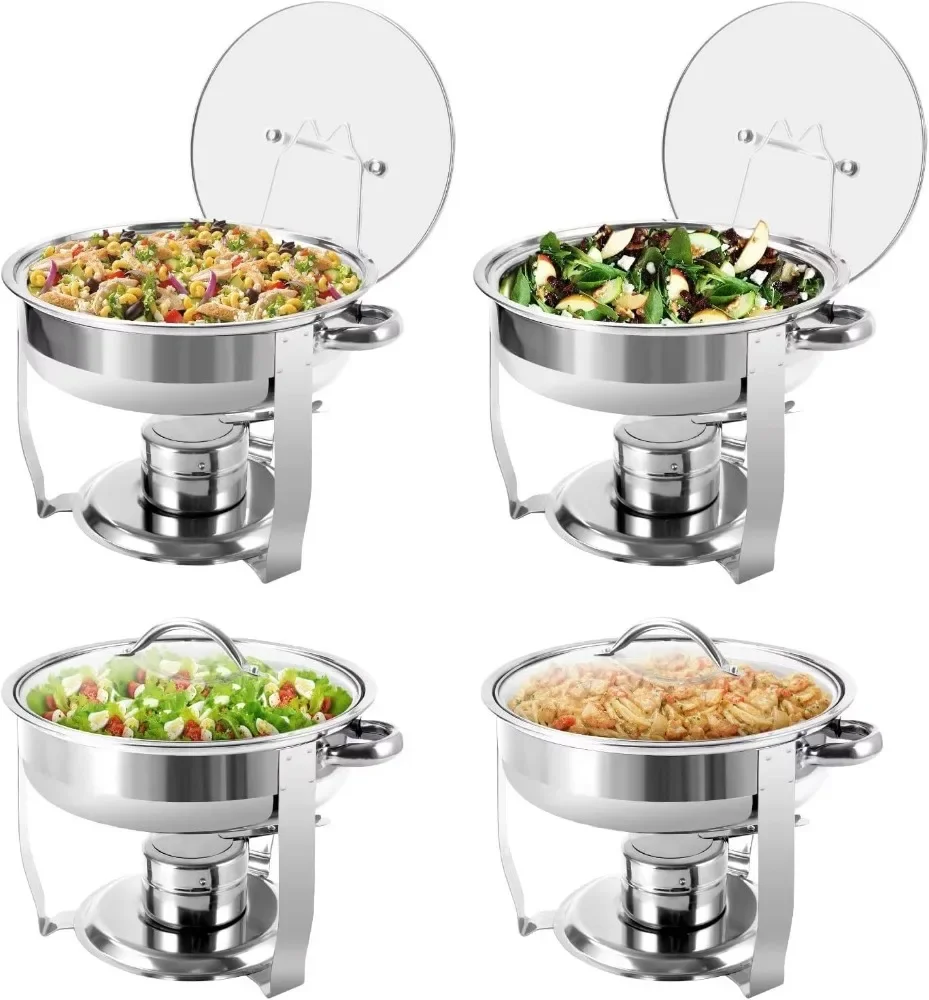 4 Packs 3 QT Round Chafing Dish Buffet Set, Stainless Steel Chafing Dishes with Glass Lid & Holder, Food Warmer for Parties