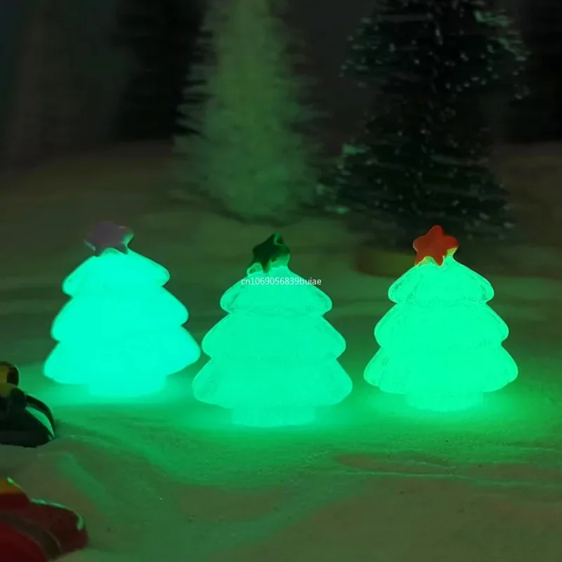 1Pcs Luminous Mini Resin Christmas Tree Miniature Figurine Snow Micro Landscape Glowing Decoration Ornaments 2024 New Year Gifts