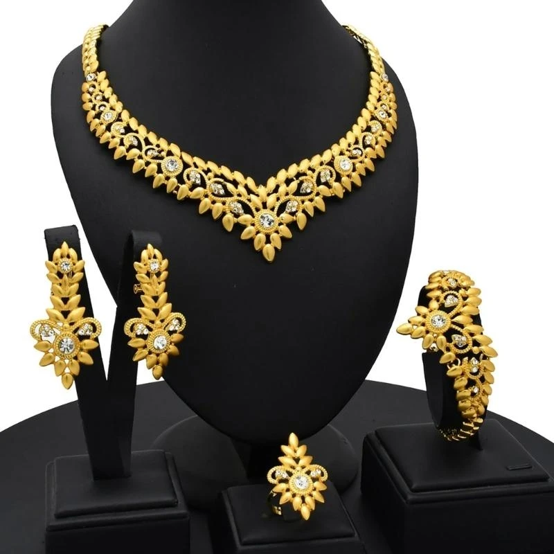 African Wedding 24K Gold Plated Jewelry Set Includes Earrings Bracelet Rings