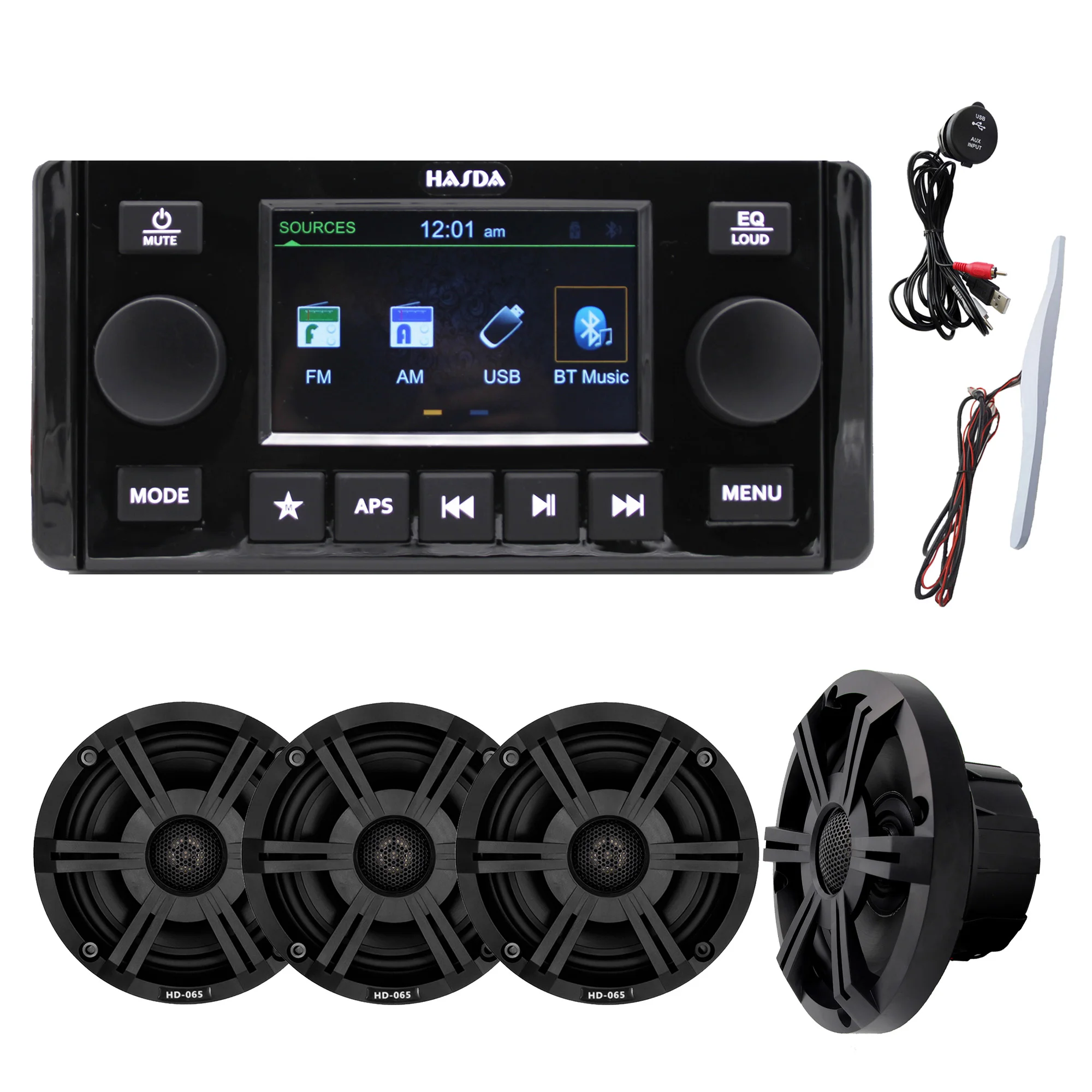 

HASDA Водонепроницаемые морские 6,5-дюймовые колонки H-065B * 4 + Bluetooth MP3-радио H-401 + USB-кабель даты + костюм антенны