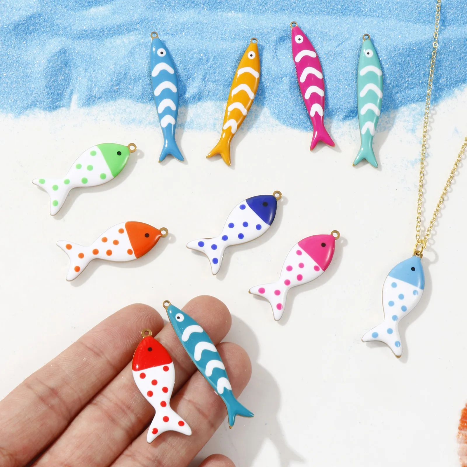2pcs New Stainless Steel Charms Ocean Gold Plated Fish Bone Double-sided Enamel Pendants For Women DIY Necklace Jewelry Findings
