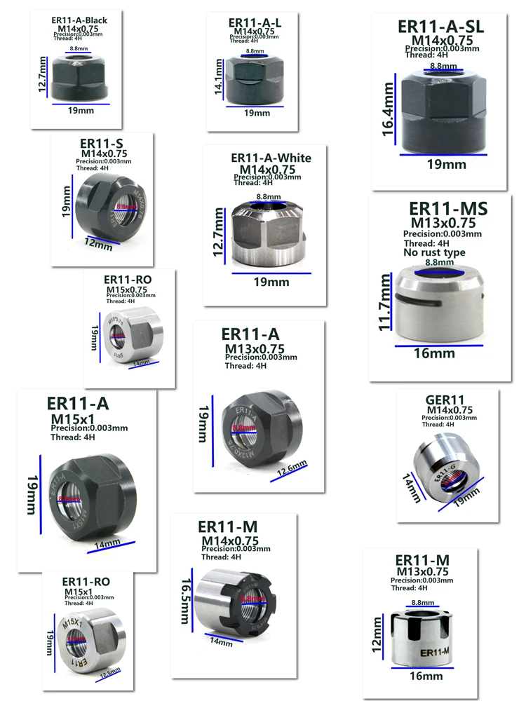 ER11 CNC Tooling Hex Square Mini Round Shape Nuts M13x0.75 M14x0.75 M15x0.75 M15x1 Precision Lathe CNC Tooling Hardware