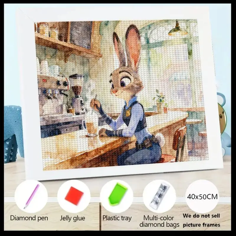

1PC 5D DIY Full Drill Diamond Painting Kit, Zootopia Judy Hopps Cartoon Rabbit Police Officer Coffee Cafe Scene Diamond Art, 40x