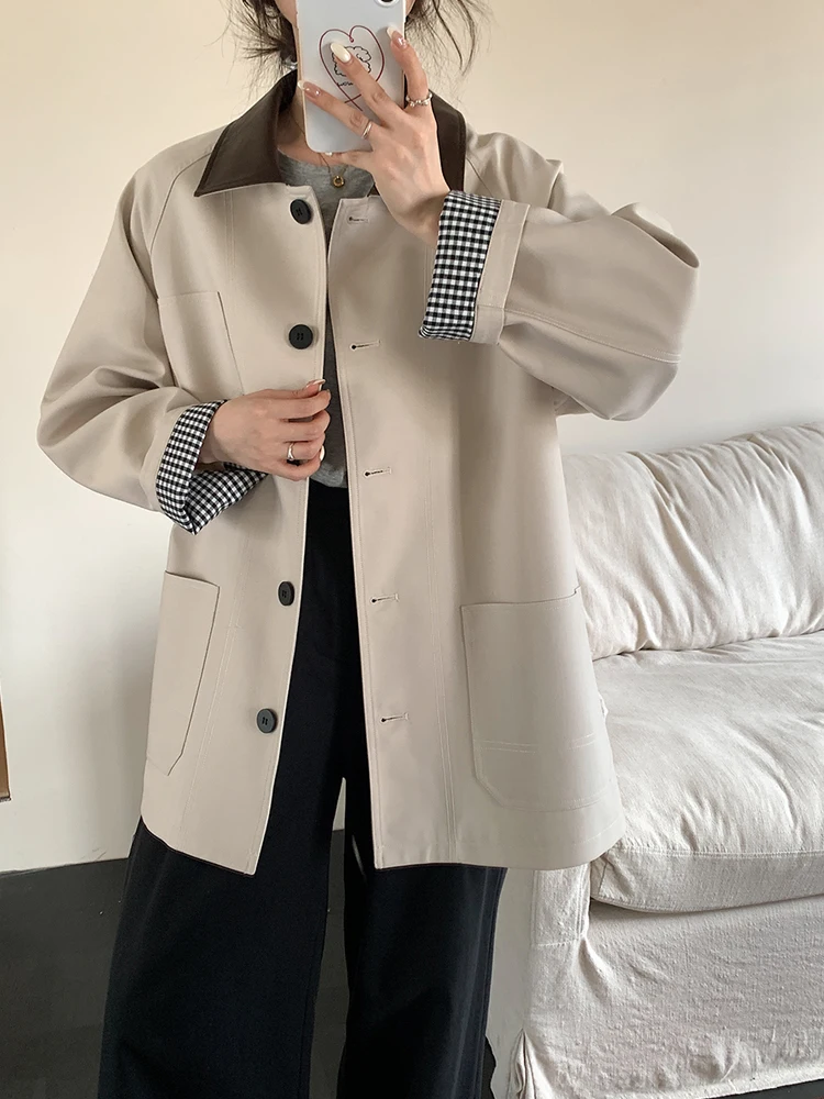 

Retro Color Blo Long Loose Women's Coat Korean Sle Cheered Pattern Button ket Detail Polyester Fiber Autumn Jaet