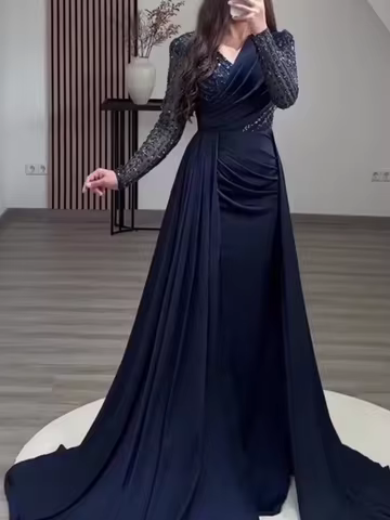 Elegant V-neck Long Sleeved Dress Shiny Party Evening Dress Birthday Dress Long Sleeved Mermaid Dance Dress Customization