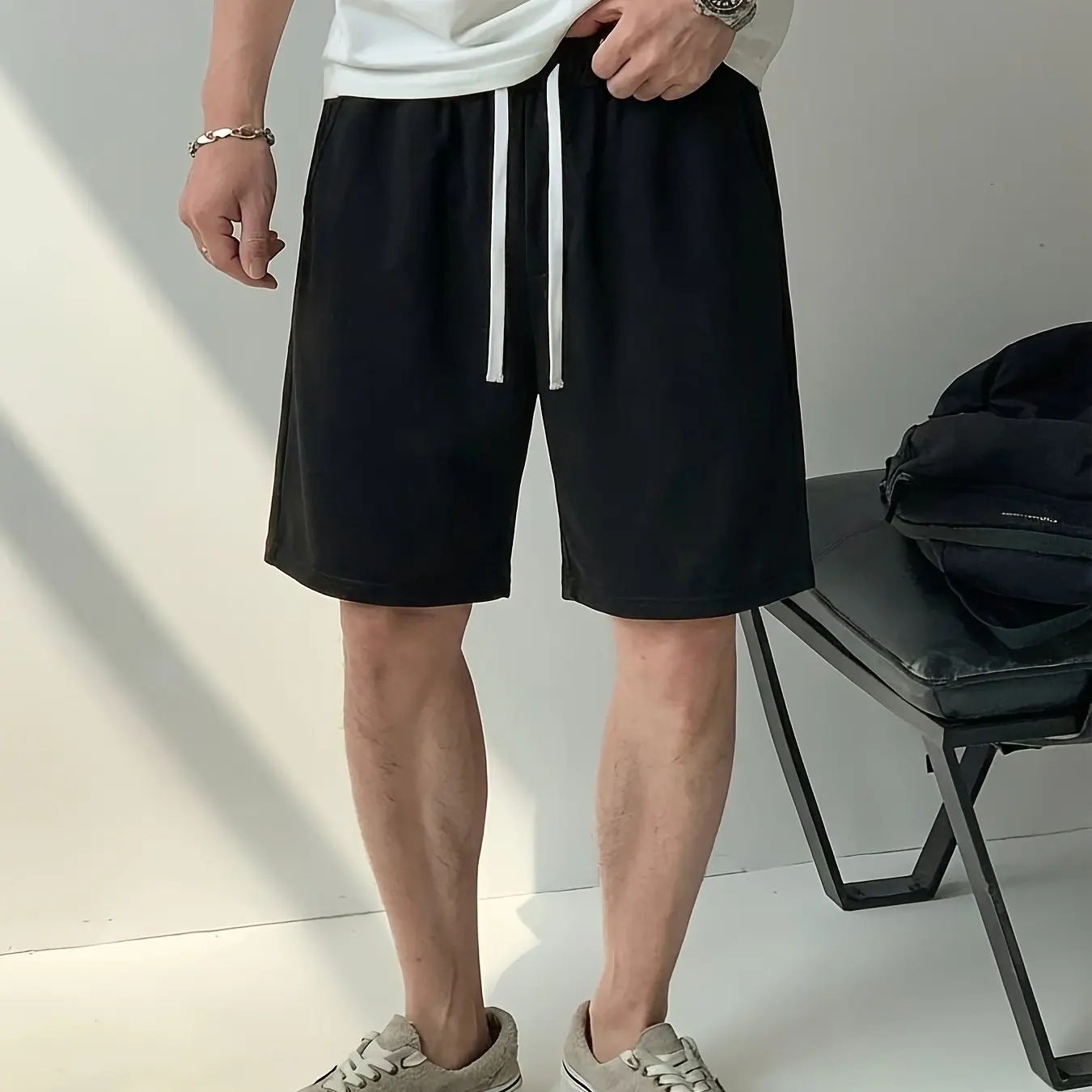 

Summer Men's Casual Workwear Shorts Loose Straight Drawstring Five Quarter Pants Minimalist Casual Shorts