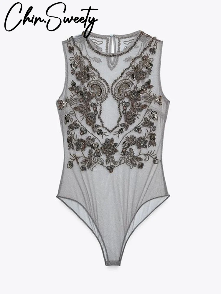 بدلة قفز نسائية مثيرة مطرزة بالخرز حضرية برقبة دائرية بدون أكمام بدلة قفز نسائية موضة صيف 2025 ملابس خروج للسيدات #6