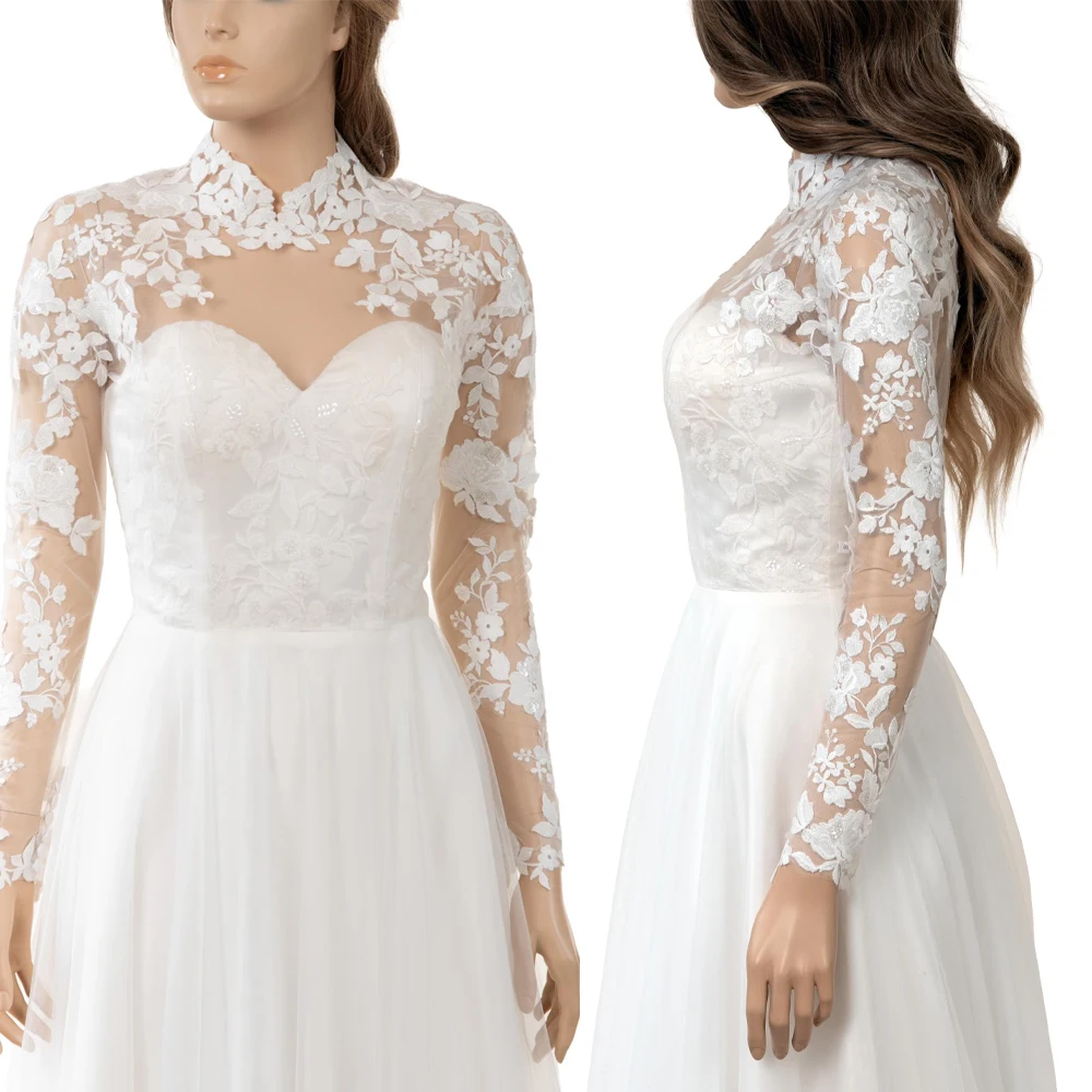 Customized Long Bridal Jackets High Neck Lace Applique Bride Bolero Wraps Back Button For Formal Wedding Accessories