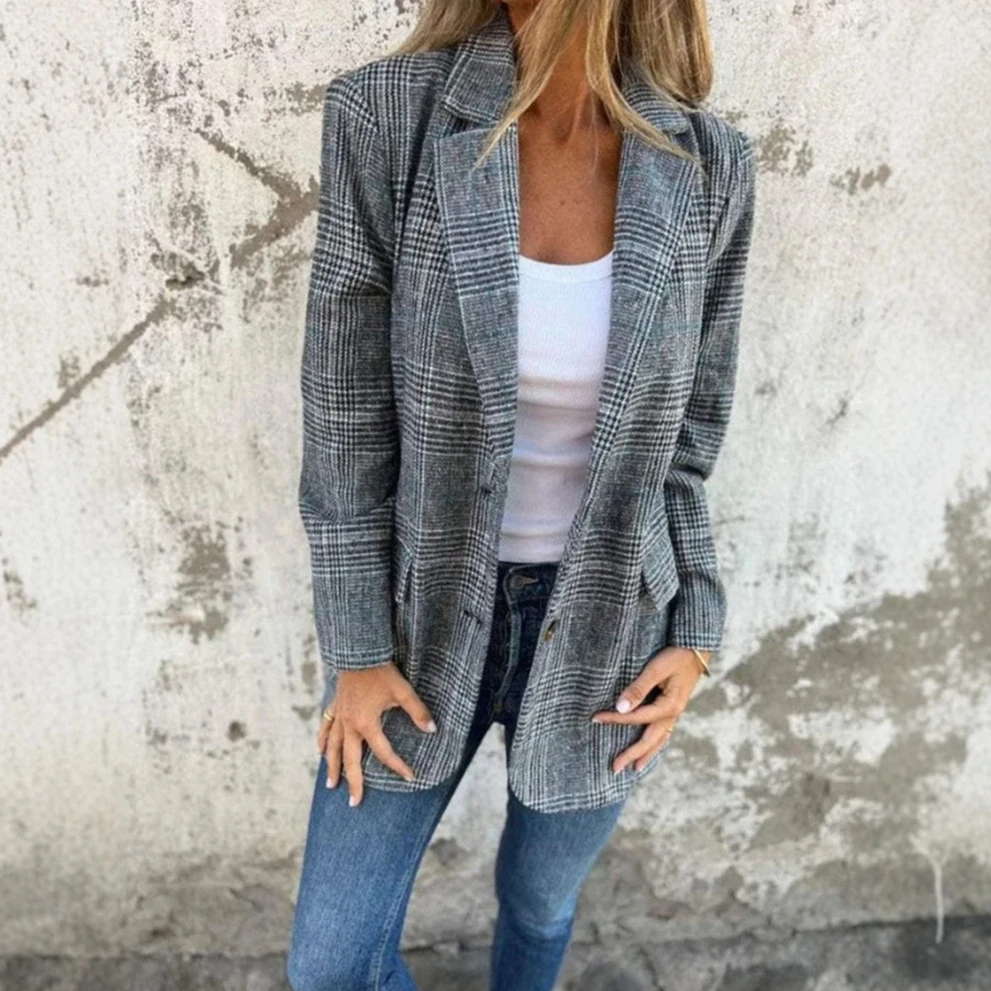 

Women's Office All-match Blazer 2025 New, Classic Plaid Lapel Jacket with Long Sleeve & Pockets, Autumn Winter Formal Business