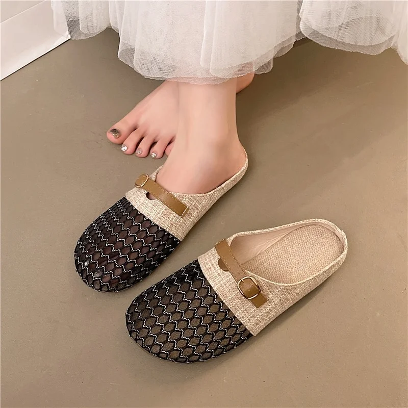 Zapatos de rejilla Mary Jane con botones de línea antideslizantes y transpirables con cabeza redonda, zapatos de mujer, Sandalias planas de moda baratas, nuevo verano
