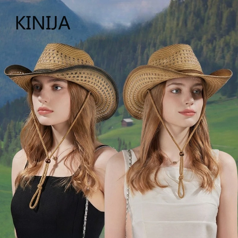 Breathable Hollow-Out Woven Denim Straw Hat with Windproof Strap Women Men Outdoor Beach Hat Sun Protection Holiday Gift