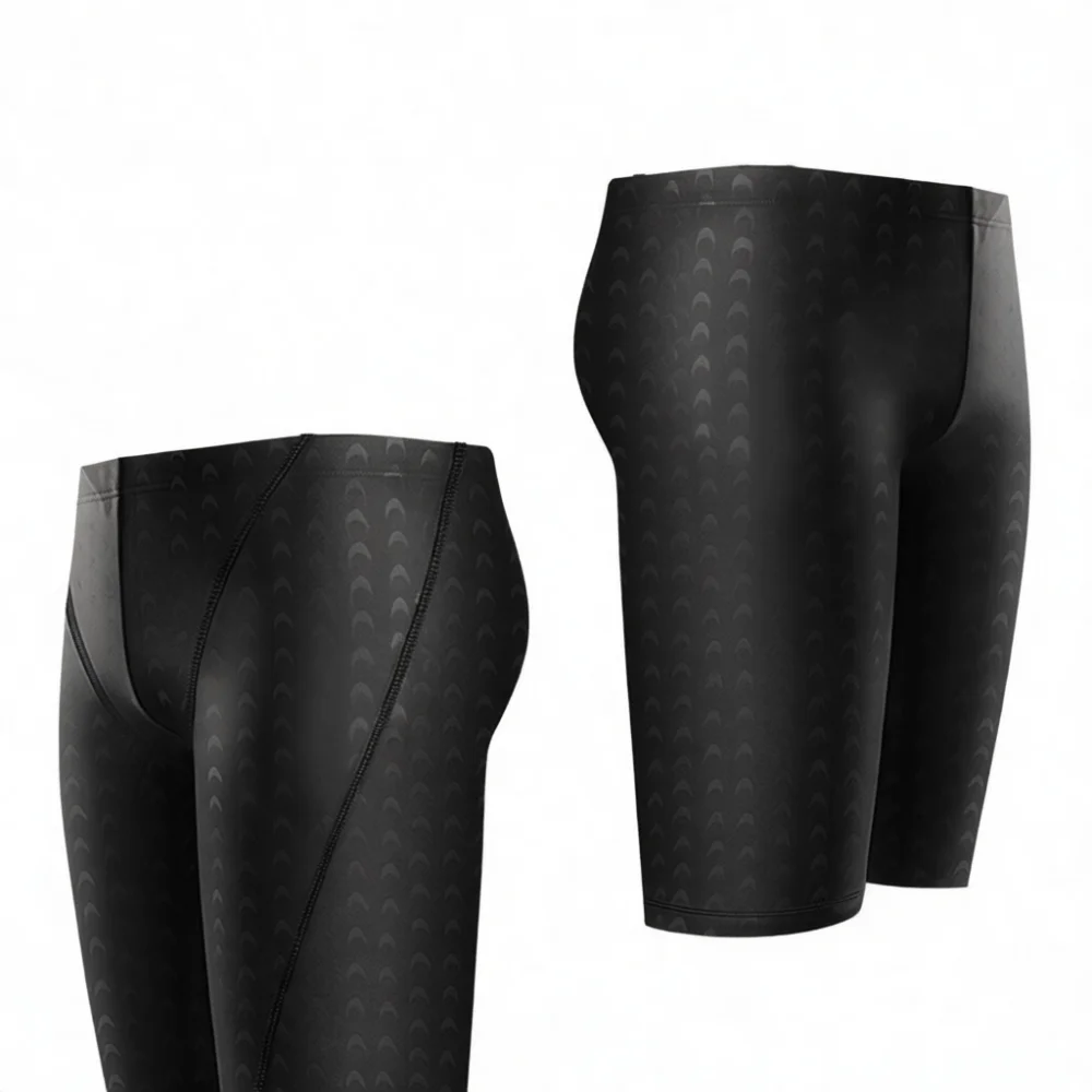 Mens Swimming Trunks Swimwear Set Shark Skin Texture Professional Training Bathing Suit Quick Dry Five Point Shorts Cap