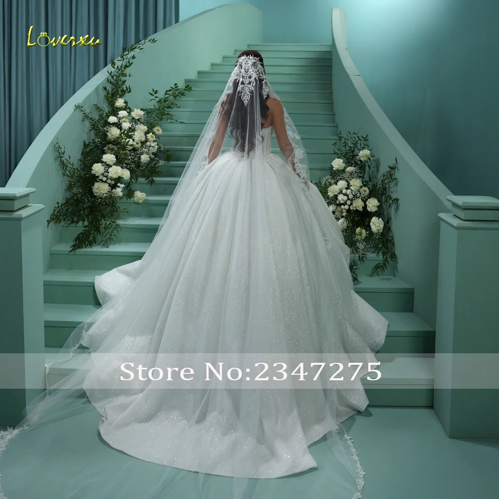 Loverxu A-Line Glitter Wedding Dresses For Women Strapless Court Train Vestido De Novia Lace Sequined Custom Made Bridal Gowns