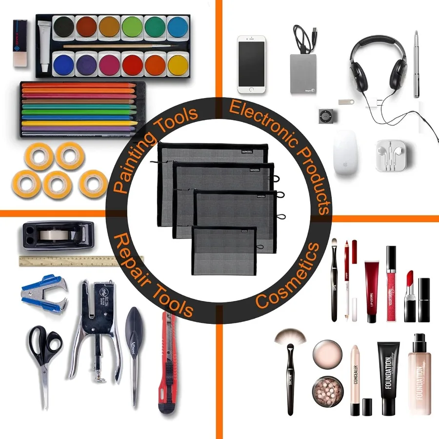 4個セット トラベルメッシュメイクアップバッグ コスメオーガナイザーポーチ ジッパー付き 男女兼用 おむつ収納ポーチ ナイロントイレタリーポーチ