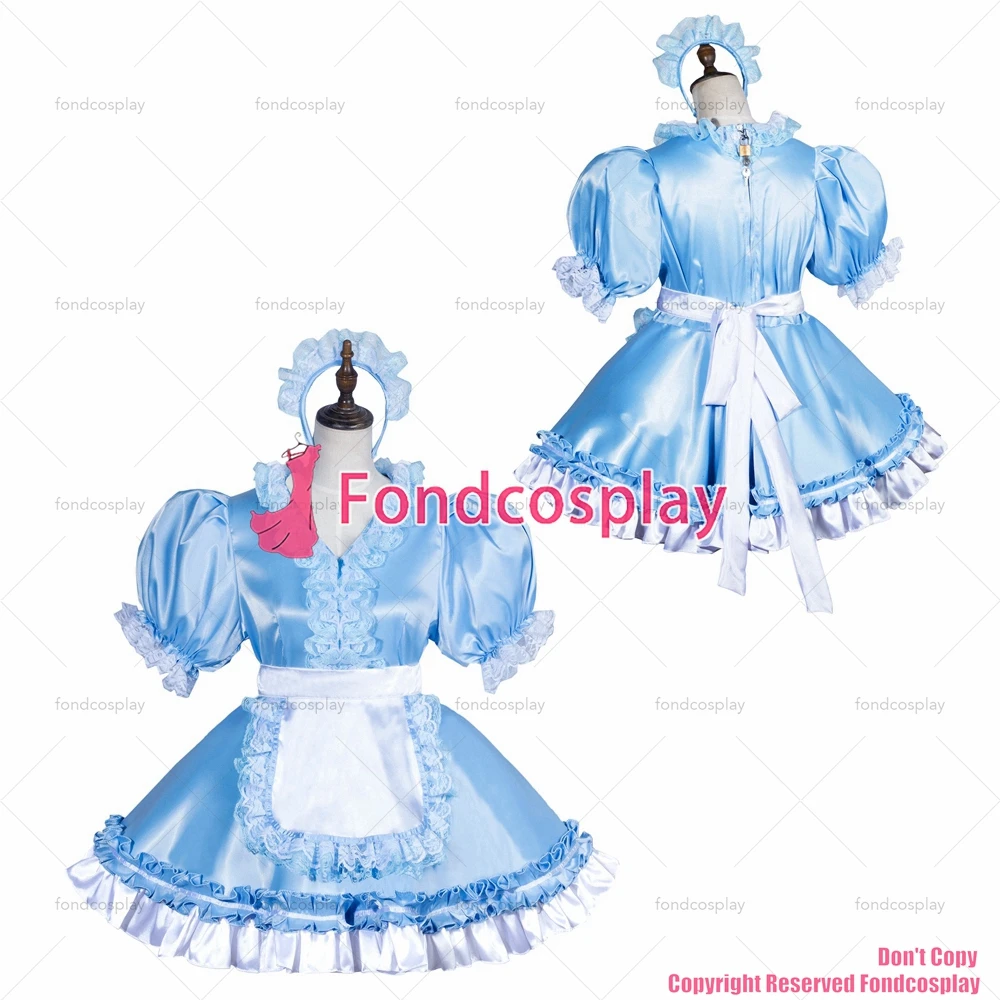

fondcosplay adult sexy cross dressing sissy maid short baby blue satin dress lockable Uniform white apron CD/TV[G3771]