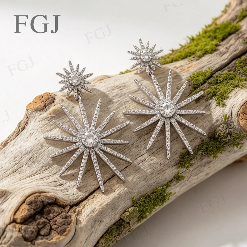 D VVS1 Moissanite Double Starburst Dangle Earrings, 925 Sterling Silver Two Star Long Drop Sparkling Women Evening Fine Jewelry