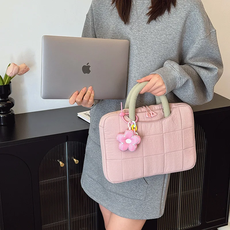 Simple Style Solid Color Computer Bag, Laptop, Tablet Bag, Student Use With Small Flower Hanging Decoration