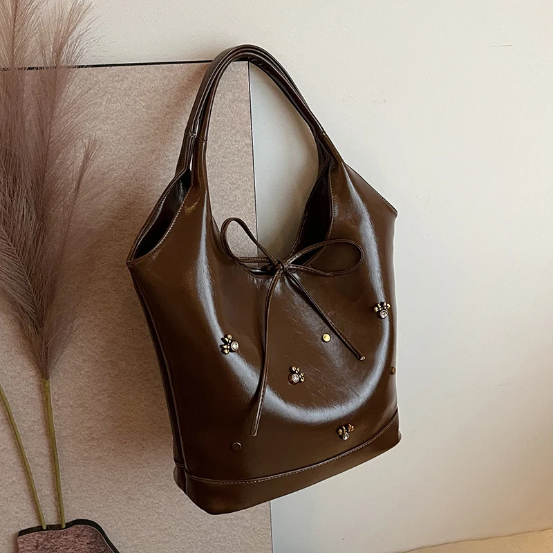 Oil Wax Skin PU Leather Underarm Bags For Women 2024 Winter Y2K New Trend Retro Female Fashion Shoulder Tote Bag Handbags