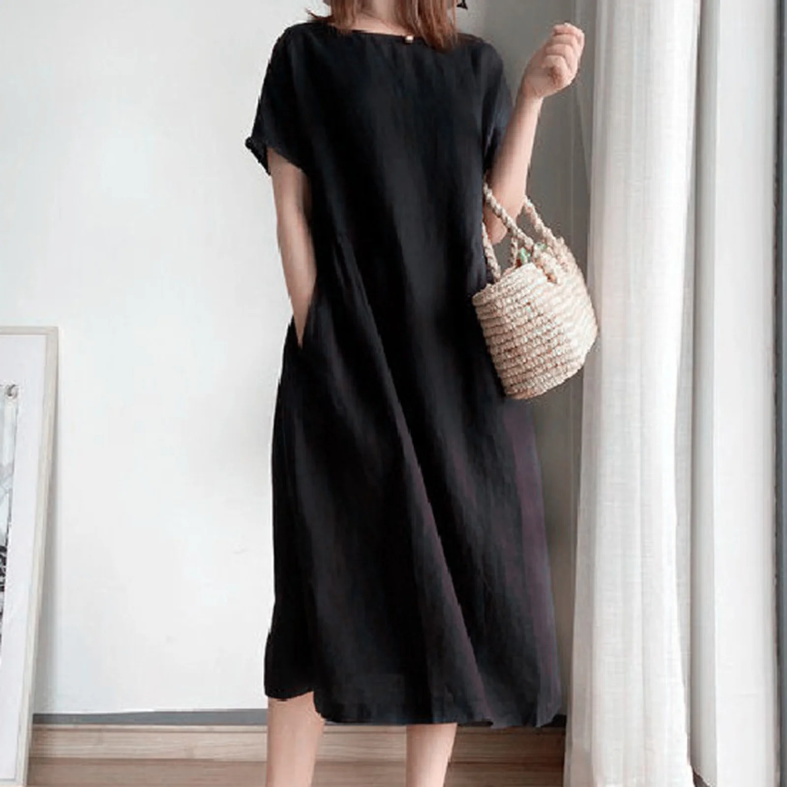 Woman Slim Temperament Dress Oversize Round Neck Long Dress Gift for Christmas Birthday New Year NIN668