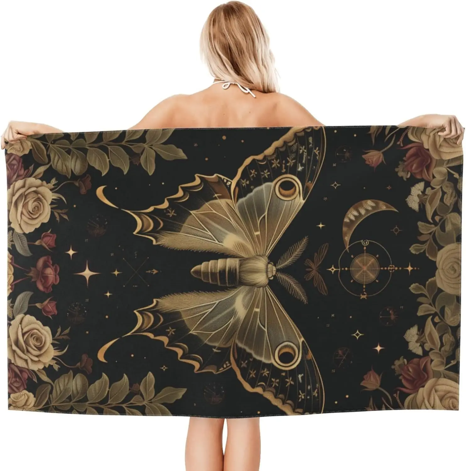 Gothic Moth Beach Towel, 32x52in Microfiber Quick Dry Moon Goth Floral Celestial Flower Retro Bath Towels, Soft Lightweight