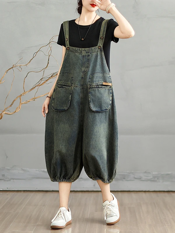 Retro Distressed Denim Overalls Women's Loose Meat Concealing Seven-Quarter Slouchy Pants Strap-On One-Piece Lantern Pants