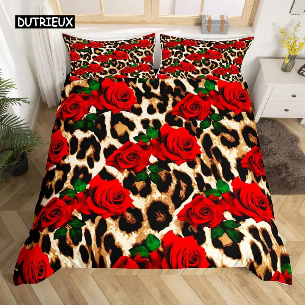 Leopard Print Duvet Cover Set Queen Size Red Floral Petal Pattern Comforter Cover Branches Green Leaf Cheetah Print Quilt Cover